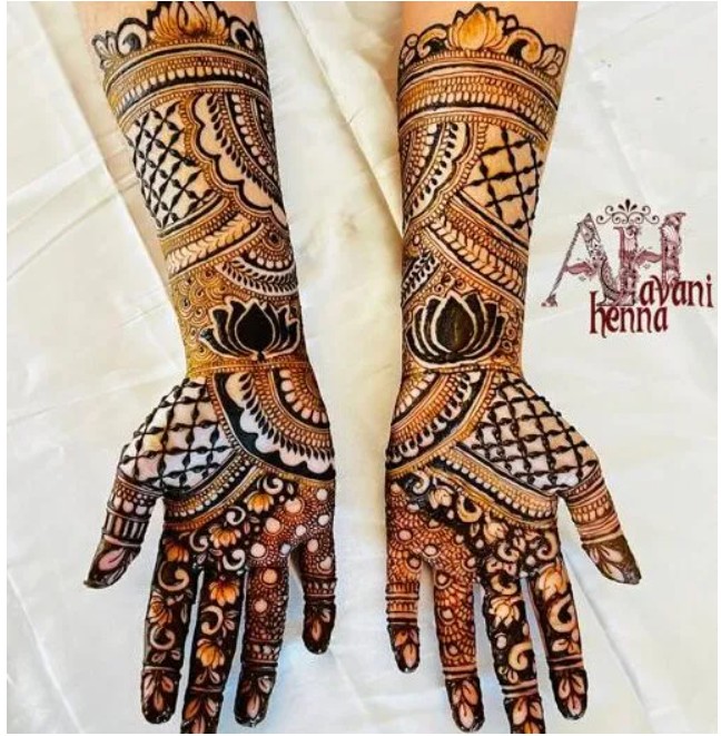 Full bridal mehndi henna design on hands and arms by Avani Henna